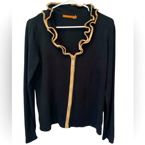 Belldini Chic Black Ruffle Cardigan with Gold Trim Size Large Rhinestone Zip - Picture 1 of 8